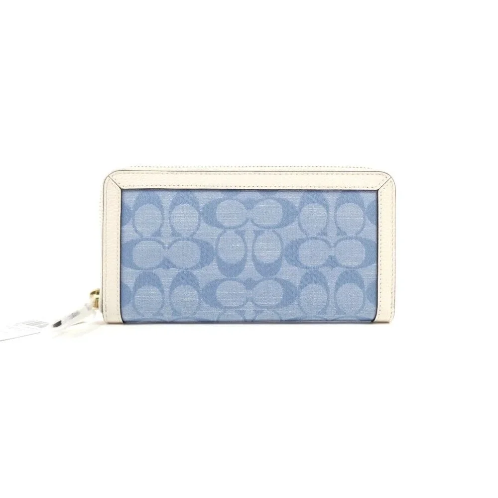 Coach Signature Light Washed Denim Chalk Accordion Zip‎ Wallet NWT C5684